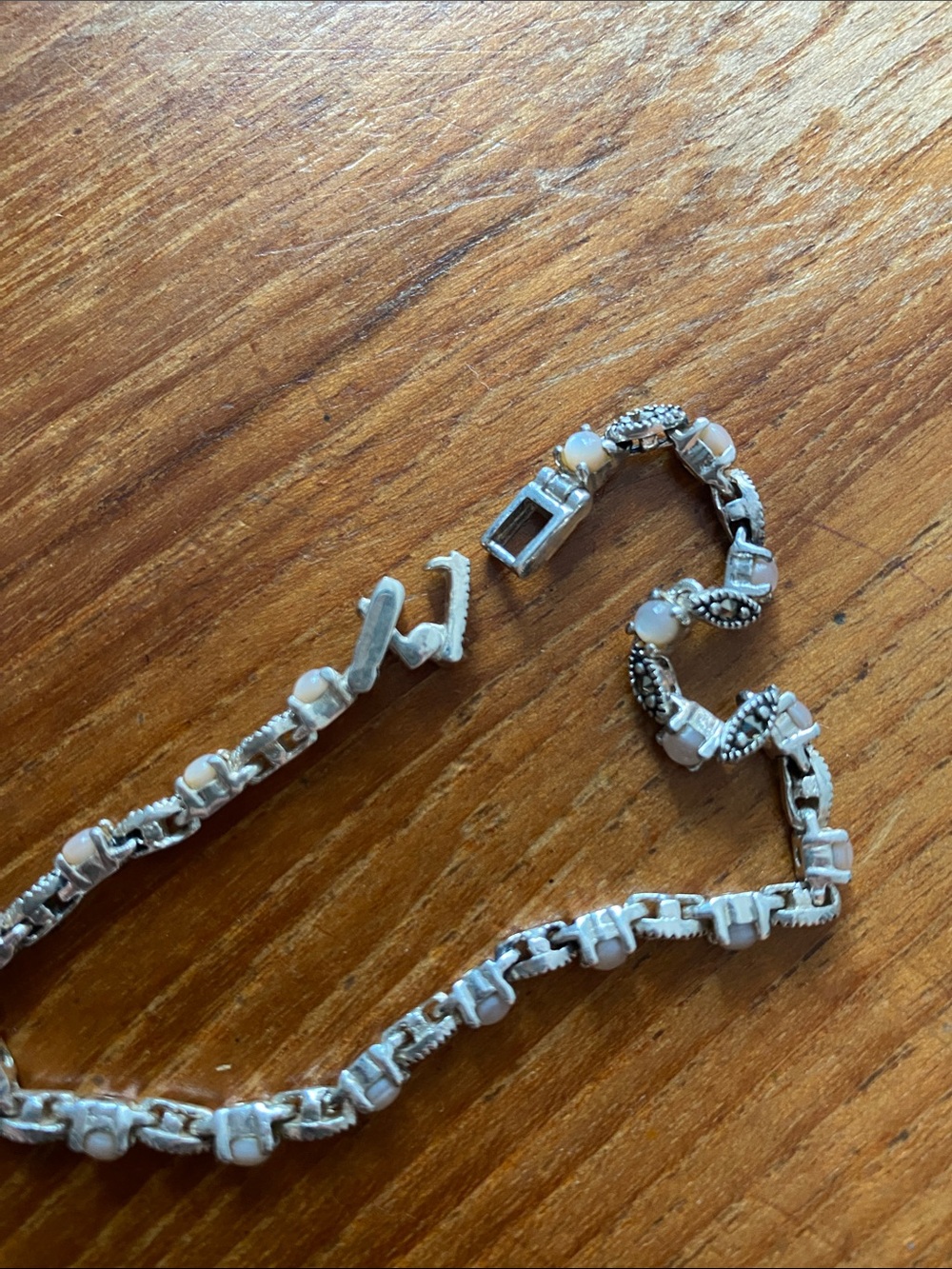 Sterling Silver and Marcasite and Mother of Pearl Tennis Bracelet - Picture 3 of 3